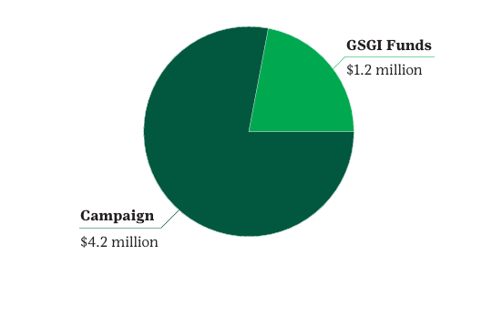 Pie chart showing Campaign budget as $4.2 million and GSGI funds as $1.2 million